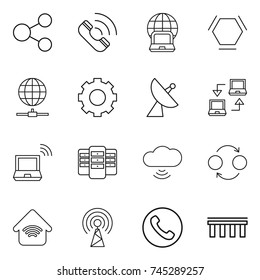 thin line icon set : share, call, notebook globe, hex molecule, connect, gear, satellite antenna, wireless, server, cloud, quantum bond, home, phone, bridge