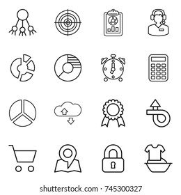 thin line icon set : share, target, report, call center, circle diagram, alarm clock, calculator, cloude service, medal, trip, cart, map, locked, handle washing