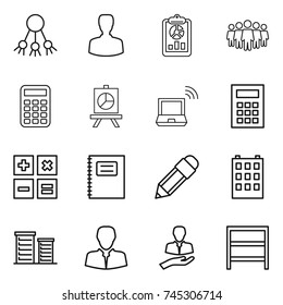 thin line icon set : share, man, report, team, calculator, presentation, notebook wireless, copybook, pencil, building, district, client, rack