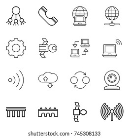 thin line icon set : share, phone, notebook globe, connect, gear, satellite, wireless, cloude service, quantum bond, web cam, bridge