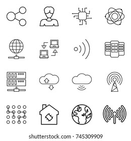 thin line icon set : share, woman, chip, atom, globe connect, notebook, wireless, server, cloude service, cloud, antenna, smart house