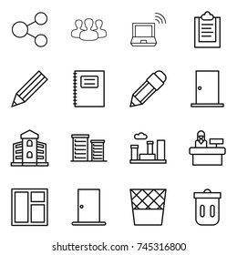 thin line icon set : share, group, notebook wireless, clipboard, pencil, copybook, door, building, district, city, reception, window, trash bin