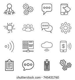 thin line icon set : share, gear, message, touch, chip, group, discussion, round around, wireless, server, cloud, phone pay, clipboard, balloon, remote control, gears