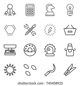thin line icon set : share, calculator, chess horse, bulb, hex molecule, pencil wrench, lightning, remove from basket, market scales, donut, alarm, apron, gas oven, seeds, sickle, clothespin