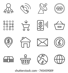 thin line icon set : share, call, satellite antenna, crypto currency, chip, add to cart, mobile pay, remove from basket, dollar pin, home, mail, info, money, earth, globe