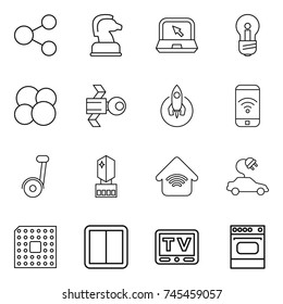 thin line icon set : share, chess horse, notebook, bulb, atom core, satellite, rocket, phone wireless, crystall memory, home, electric car, cpu, power switch, tv, oven