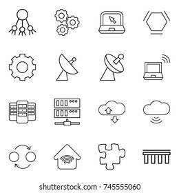 thin line icon set : share, gear, notebook, hex molecule, satellite antenna, wireless, server, cloude service, cloud, quantum bond, home, puzzle, bridge