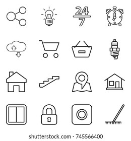 thin line icon set : share, bulb, 24 7, alarm clock, cloude service, cart, remove from basket, spark plug, home, stairs, map, power switch, locked, ring button, rake