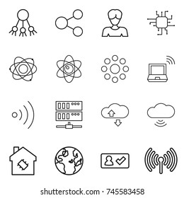 thin line icon set : share, woman, chip, atom, round around, notebook wireless, server, cloude service, cloud, smart house, globe, check in