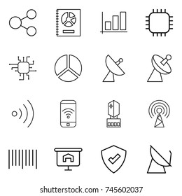 thin line icon set : share, annual report, graph, chip, diagram, satellite antenna, wireless, phone, crystall memory, bar code, presentation, protected