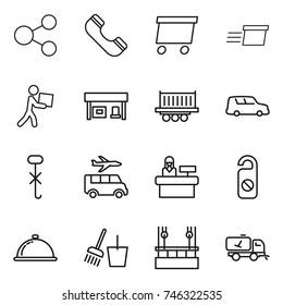 thin line icon set : share, phone, delivery, courier, gas station, truck shipping, car, do not hook sign, transfer, reception, distrub, meal cap, bucket and broom, skysrcapers cleaning, home call