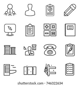 thin line icon set : share, man, report, pencil, monitor arrow, clipboard, calculator, copybook, district, architector, phone, pen, hotel, clean window, skyscrapers cleaning, list