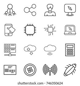 thin line icon set : share, woman, monitor arrow, touch, chip, notebook, server, cloude service, cloud wireless, calculator, invoice, cooler fan, bug