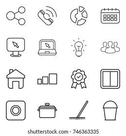 thin line icon set : share, call, circle diagram, calendar, monitor arrow, notebook, bulb, group, home, sorting, medal, power switch, ring button, pan, rake, bucket