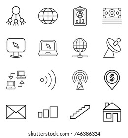 thin line icon set : share, globe, report, money, monitor arrow, notebook, connect, satellite antenna, wireless, dollar pin, mail, sorting, stairs, house