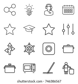 thin line icon set : share, bulb, call center, calendar, star, graduate hat, equalizer, route, handwheel, ring button, pan, microwave oven, rake, garbage bin