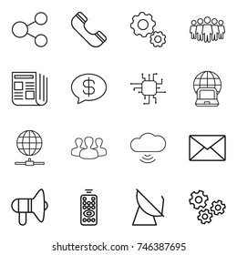 thin line icon set : share, phone, gear, team, newspaper, money message, chip, notebook globe, connect, group, cloud wireless, mail, loudspeaker, remote control, satellite antenna, gears