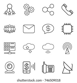 thin line icon set : share, gear, phone, team, mail, money message, chip, server, cloude service, cloud wireless, antenna, web cam, mobile pay, satellite