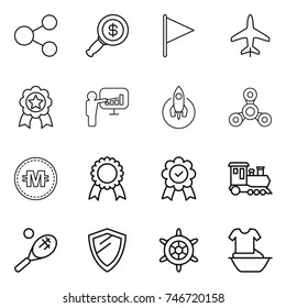 thin line icon set : share, dollar magnifier, flag, plane, medal, presentation, rocket, spinner, crypto currency, train, tennis, shield, handwheel, handle washing