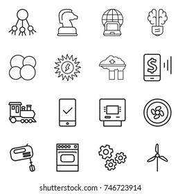 thin line icon set : share, chess horse, notebook globe, bulb brain, atom core, sun power, factory filter, mobile pay, train, checking, atm, cooler fan, mixer, oven, gears, windmill