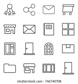 thin line icon set : share, mail, delivery, shop, copybook, window, door, arch, package box, documents