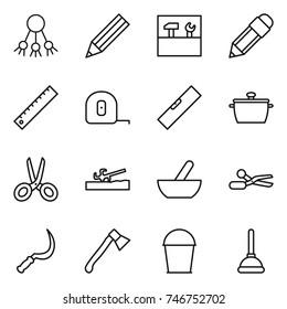 thin line icon set : share, pencil, tools, ruler, measuring tape, level, pan, scissors, soil cutter, mortar, sickle, axe, bucket, plunger