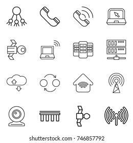 thin line icon set : share, phone, call, notebook, satellite, wireless, server, cloude service, quantum bond, home, antenna, web cam, bridge