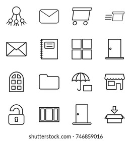 thin line icon set : share, mail, delivery, copybook, window, door, arch, documents, shop, unlocked, package