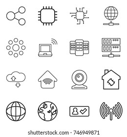 thin line icon set : share, chip, globe connect, round around, notebook wireless, server, cloude service, home, web cam, smart house, check in
