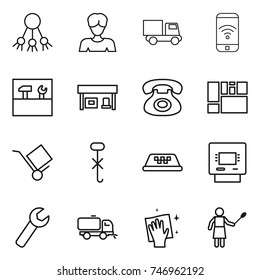 thin line icon set : share, woman, truck, phone wireless, tools, gas station, consolidated cargo, trolley, do not hook sign, taxi, atm, wrench, sweeper, wiping, with duster