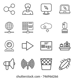 thin line icon set : share, woman, monitor arrow, notebook, globe connect, server, cloude service, crystall memory, web cam, right, invoice, baggage checking, loudspeaker, wireless, trash bin, bug