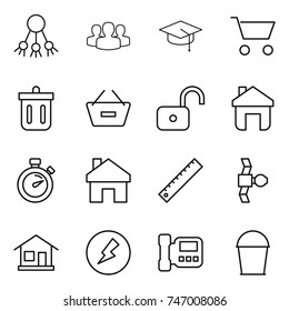 thin line icon set : share, group, graduate hat, cart, bin, remove from basket, unlock, home, stopwatch, ruler, satellite, electricity, intercome, bucket