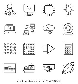thin line icon set : share, monitor arrow, chip, notebook, connect, cloude service, web cam, cpu, right, calculator, invoice, baggage checking, surveillance camera, bug