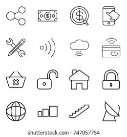 thin line icon set : share, money, dollar arrow, touch, pencil wrench, wireless, cloud, tap to pay, delete cart, unlock, home, lock, globe, sorting, stairs, satellite antenna