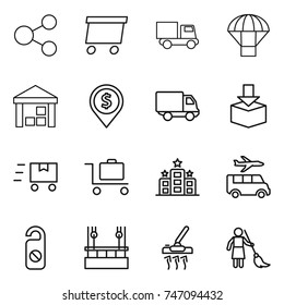 thin line icon set : share, delivery, truck, parachute, warehouse, dollar pin, package, fast deliver, baggage trolley, hotel, transfer, do not distrub, skysrcapers cleaning, vacuum cleaner, brooming