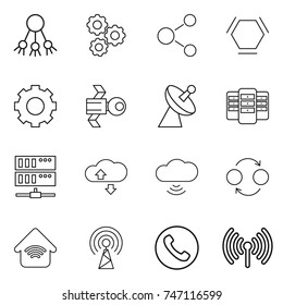 thin line icon set : share, gear, molecule, hex, satellite, antenna, server, cloude service, cloud wireless, quantum bond, home, phone