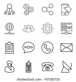 thin line icon set : share, gear, touch, globe connect, group, round around, server, clipboard, balloon, phone, mail, support manager, remote control, satellite antenna