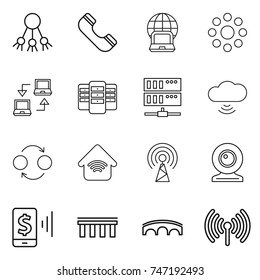 thin line icon set : share, phone, notebook globe, round around, connect, server, cloud wireless, quantum bond, home, antenna, web cam, mobile pay, bridge