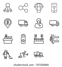 thin line icon set : share, parachute, phone wireless, dollar pin, delivery, support manager, shipping, reception, do not distrub, skysrcapers cleaning, skyscrapers, brooming, vacuum cleaner