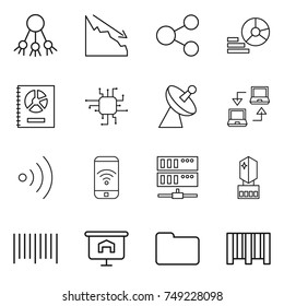 thin line icon set : share, crisis, diagram, annual report, chip, satellite antenna, notebook connect, wireless, phone, server, crystall memory, bar code, presentation, documents