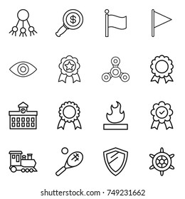 thin line icon set : share, dollar magnifier, flag, eye, medal, spinner, university, flammable, train, tennis, shield, handwheel