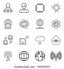 thin line icon set : share, woman, chip, notebook globe, atom, connect, wireless, cloud, home, antenna