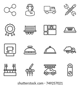 thin line icon set : share, call center, truck, pencil wrench, medal, shipping, consolidated cargo, taxi, atm, service bell, meal cap, trash, skysrcapers cleaning, vacuum cleaner, car wash