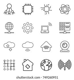 thin line icon set : share, chip, atom, globe connect, round around, notebook wireless, server, cloude service, cloud, home, web cam, smart house