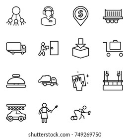 thin line icon set : share, call center, dollar pin, truck shipping, courier delivery, package, baggage trolley, service bell, trash, wiping, skysrcapers cleaning, car wash, woman with duster