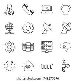 thin line icon set : share, phone, notebook, hex molecule, globe connect, gear, satellite antenna, round around, server, cloude service, quantum bond, wireless home, bridge