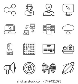 thin line icon set : share, call center, woman, monitor arrow, notebook, connect, server, cloud wireless, crystall memory, cpu, invoice, baggage checking, loudspeaker, cooler fan, bug