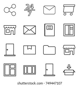 thin line icon set : share, 24 7, mail, delivery, shop, copybook, window, door, package box, documents