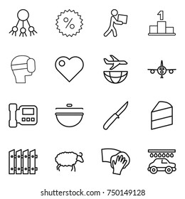 thin line icon set : share, percent, courier, pedestal, virtual mask, heart, plane shipping, intercome, cauldron, knife, cake, fence, sheep, wiping, car wash