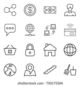 thin line icon set : share, dollar, money, woman, message, globe connect, notebook, tap to pay, delete cart, lock, home, earth, map, stairs, bucket and broom